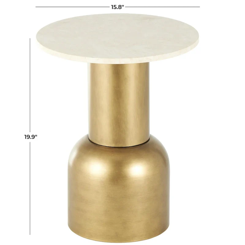 Metal Pedestal Side End Accent Table with Cream Marble Tabletop - Gold