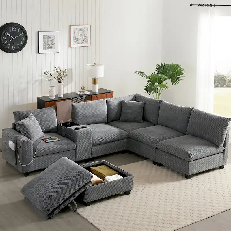 U Shaped Chenille Sofa w/Ottoman,Console,Cup Holder,Wide Seat,USB
