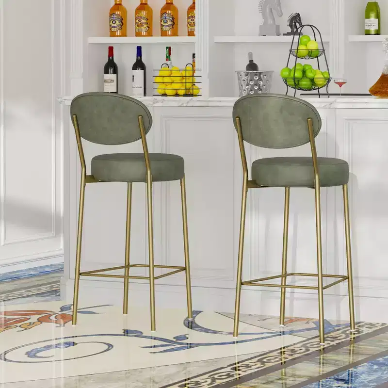 PexFix Modern Upholstered Bar Stools Velvet Counter Stool with Backrest & Footrest Set of 2 Round Dining Chairs with Metal Legs for Kitchen