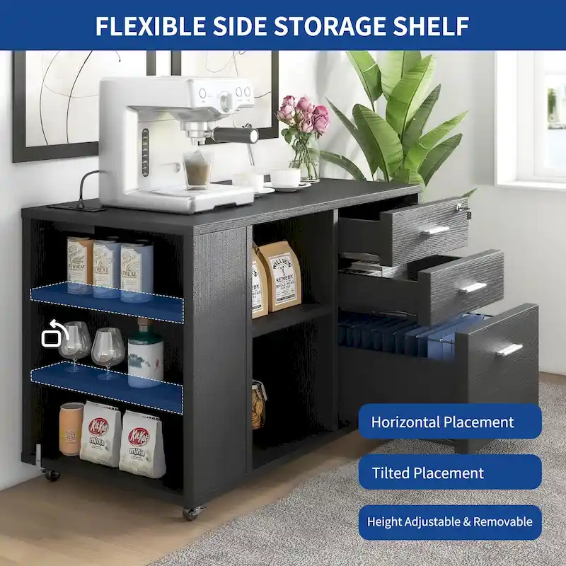 Brown Mobile Wood Lateral File Cabinet with Charging Station & Lock