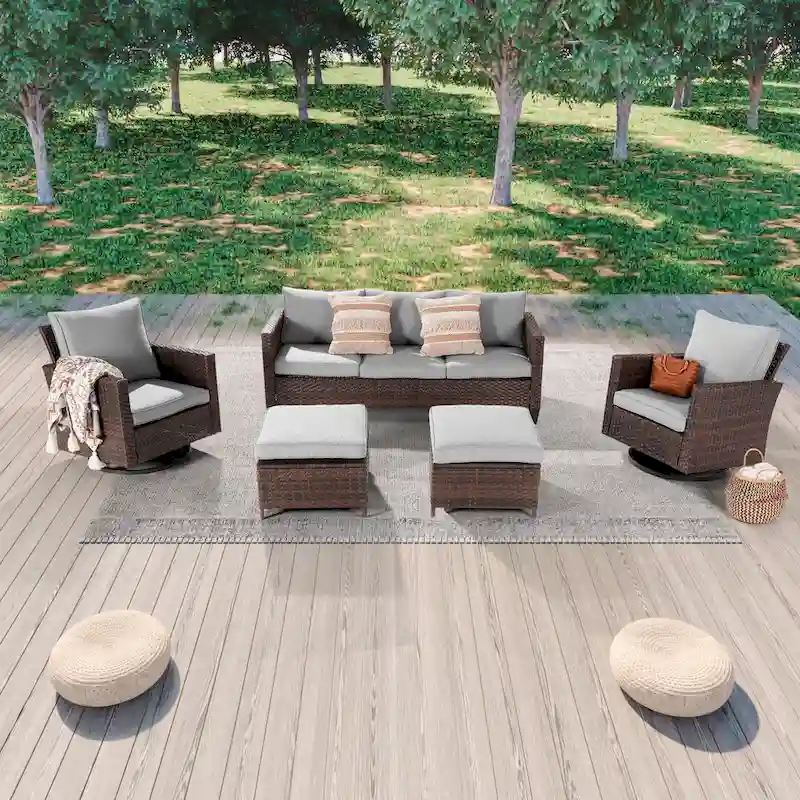 LIVOOSUN 5Pcs Patio Brown Rattan Outdoor Furniture Swivel Rocking Sofa Set