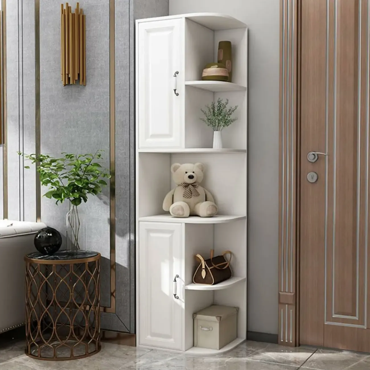 Modern White Wood Corner Utility Cabinet with Open Shelves