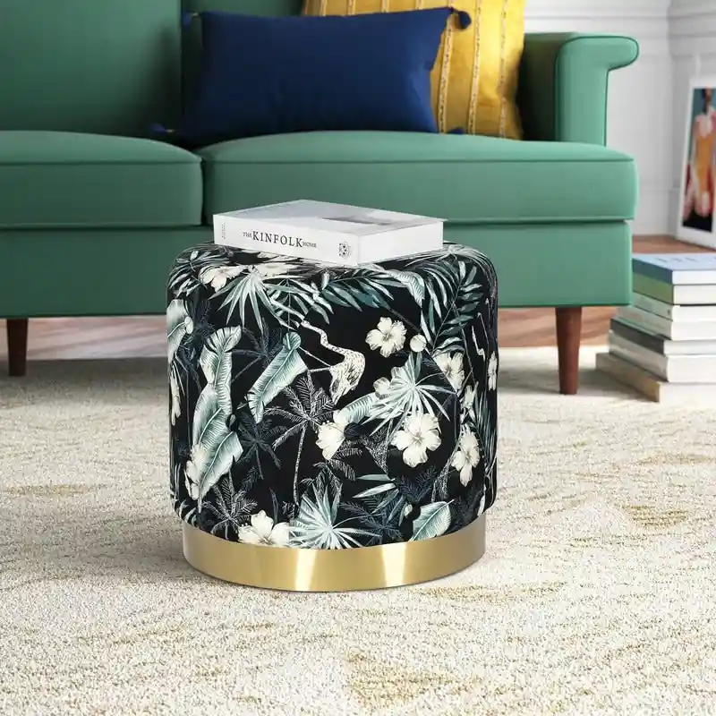 Adeco Round Flower Velvet Ottoman Foot Stool with Gold Trim Foot Rest