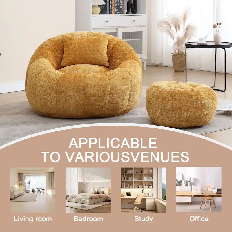 HOMEFUN Chenille Upholstered Round Lazy Cozy Bean Bag Chair with Ottoman and a Pillow