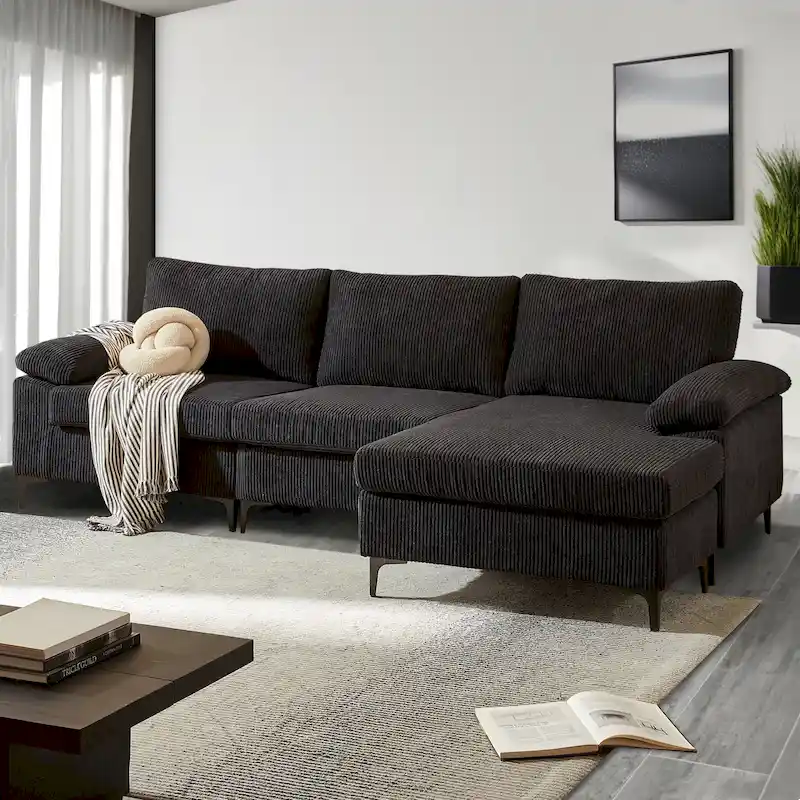 Black / Camel / Grey Corduroy L-Shaped Chaise Sofa with Ottoman, Reversible, 3-Seat