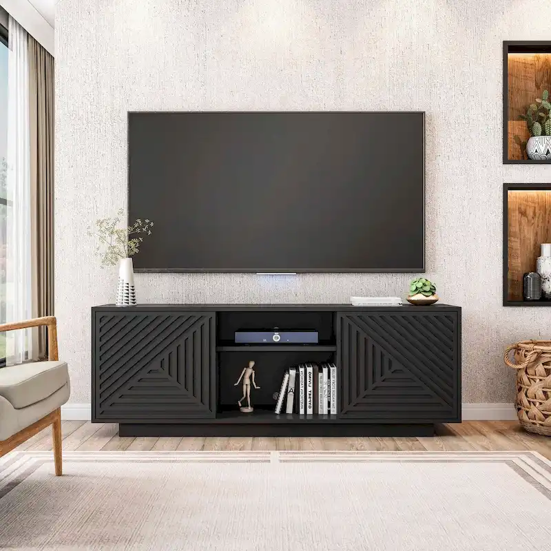 63-Inch TV Stand with Patterned Doors - Black/Oak