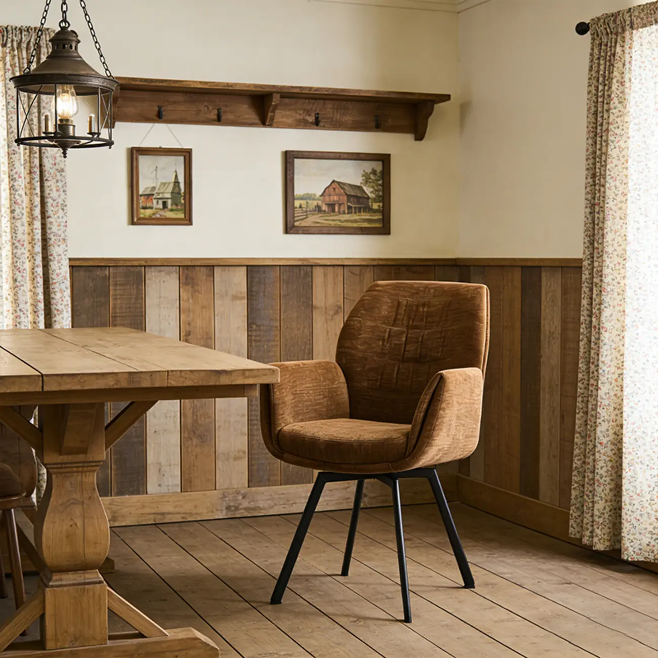 Brown Curved Back Chenille Arm Chair Dining Chairs