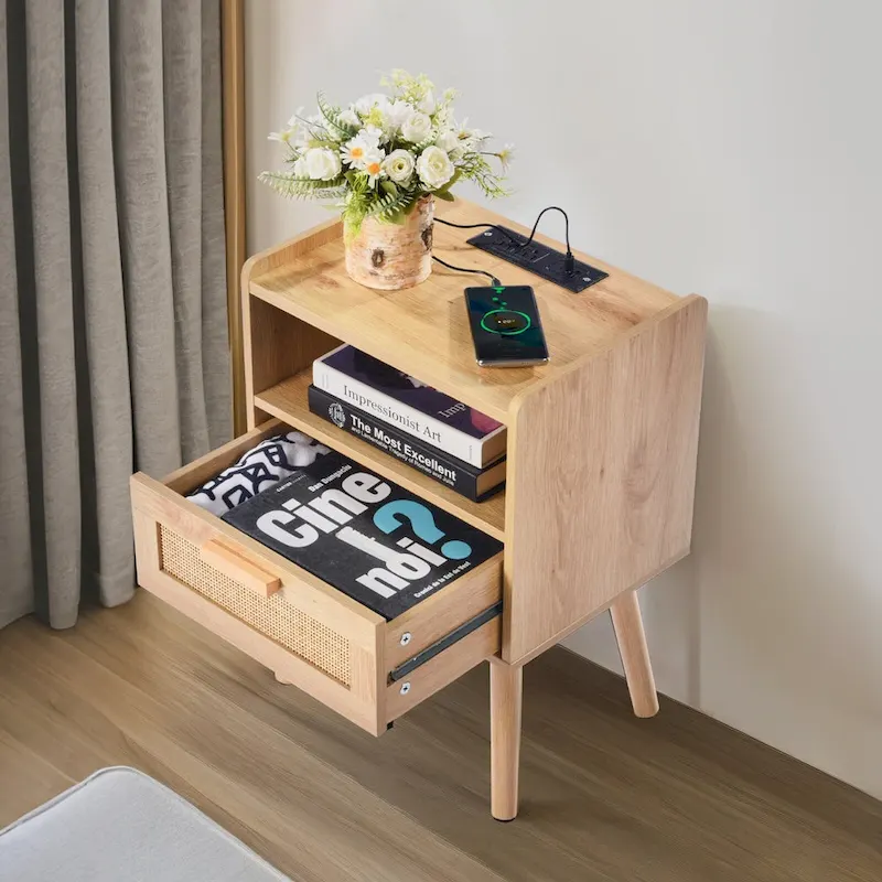 Natural Wooden Nightstand End Table with 1 Drawer and Open Shelf Suitable for Living Room or Bedroom