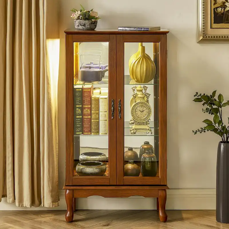 Curio Cabinet Lighted Curio Diapaly Cabinet with Adjustable Shelves and Mirrored Back Panel, Tempered Glass Doors