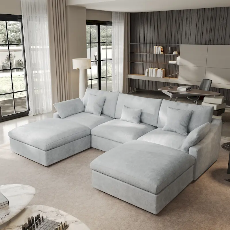 Classic Modern Linen Sectional Modular Sofa 3-Seater with 2 Ottomans, U-shaped Down Filled Cloud Couch with Cushions