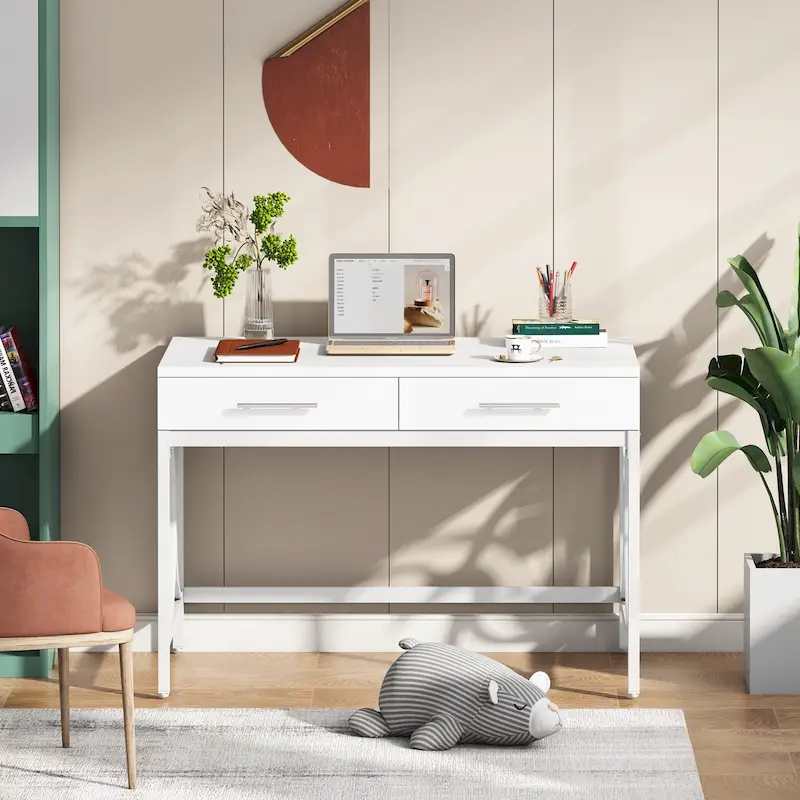 Modern Computer Writing Desk with 2 Drawers, White and Gold Home Office Desk, Makeup Vanity Table