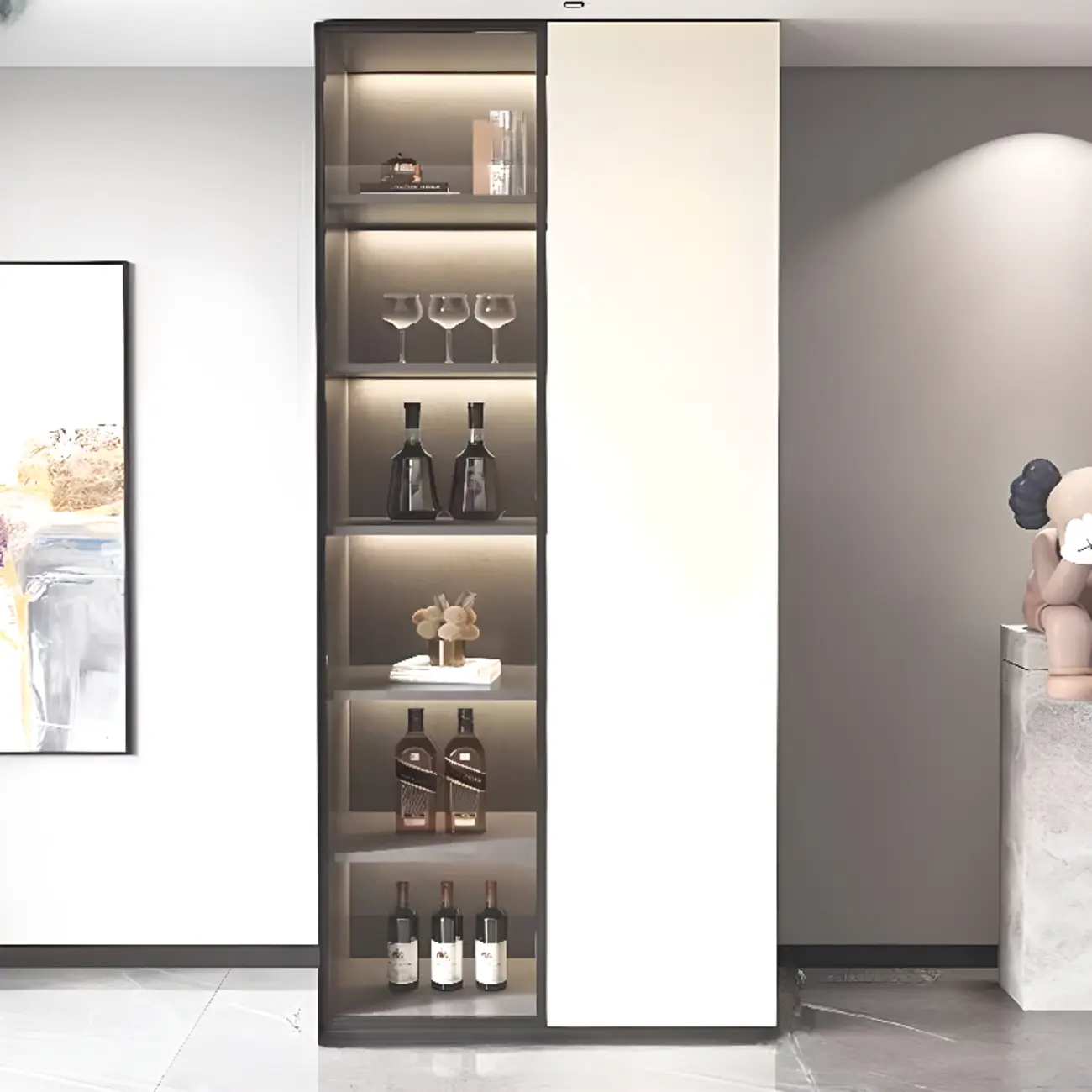 White Rectangular Multi-Shelves Glass Wood Wine Cabinet