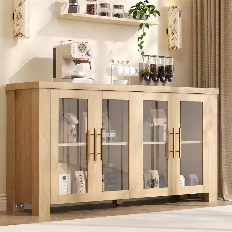 Buffet Cabinet with Storage, 59 Sideboard Credenza with Tempered Glass Doors, Wood Buffet Table for Living Room, Dining Room, Kitchen