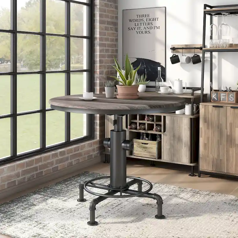 45-Inch Round Counter Height Table with Fire Hydrant Base, Metal Frame, Wood Top, Industrial Style, Black