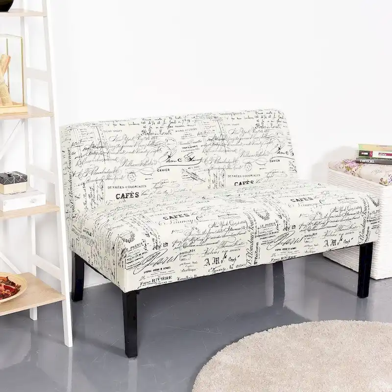 Modern Loveseat Sofa with Off-White Cursive Pattern Upholstery and Black Wood Legs - 50 x 28 x 30.5 (L x W x H)