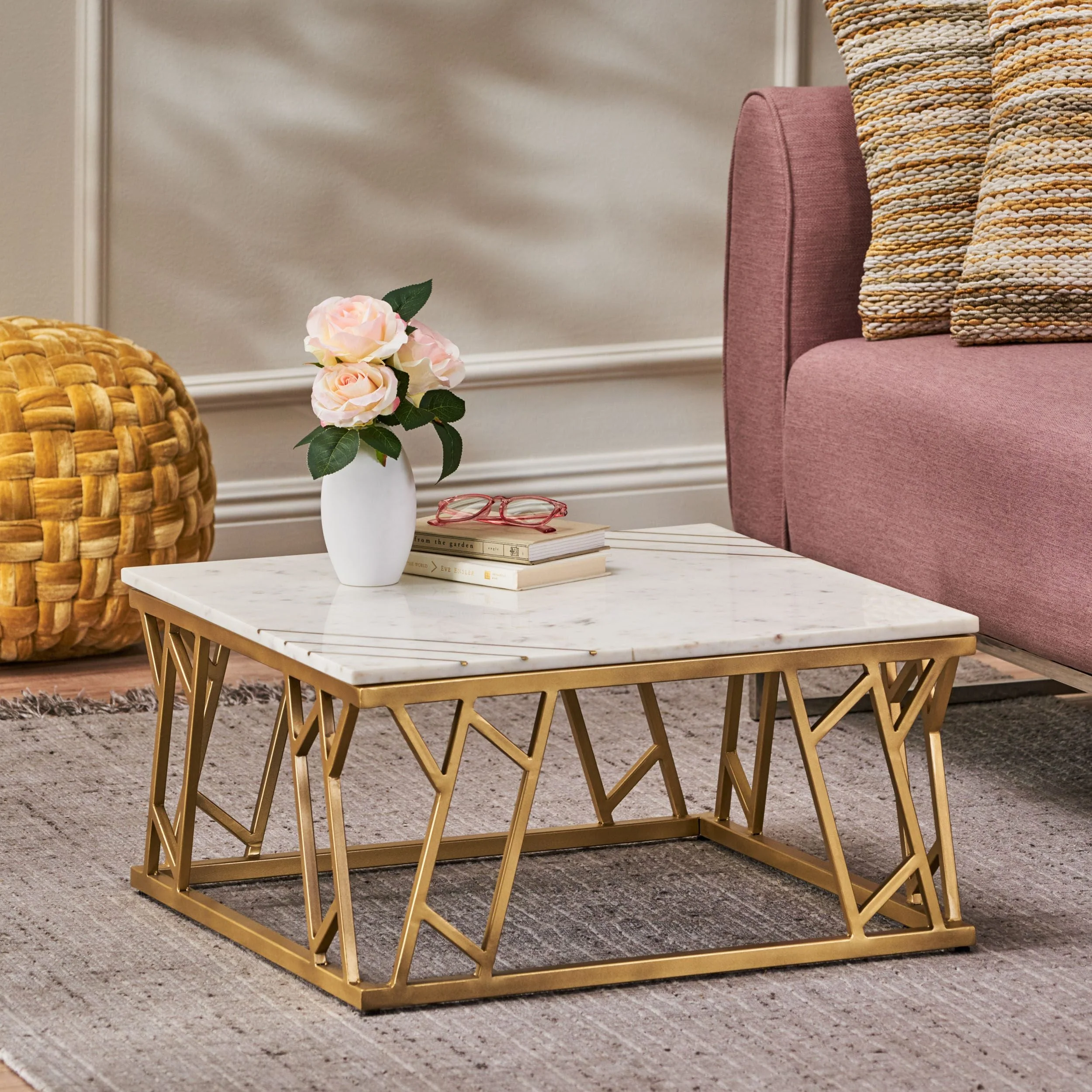 Modern Glam Handcrafted Marble Top Coffee Table with Brass Inlay, White and Gold - NH216413
