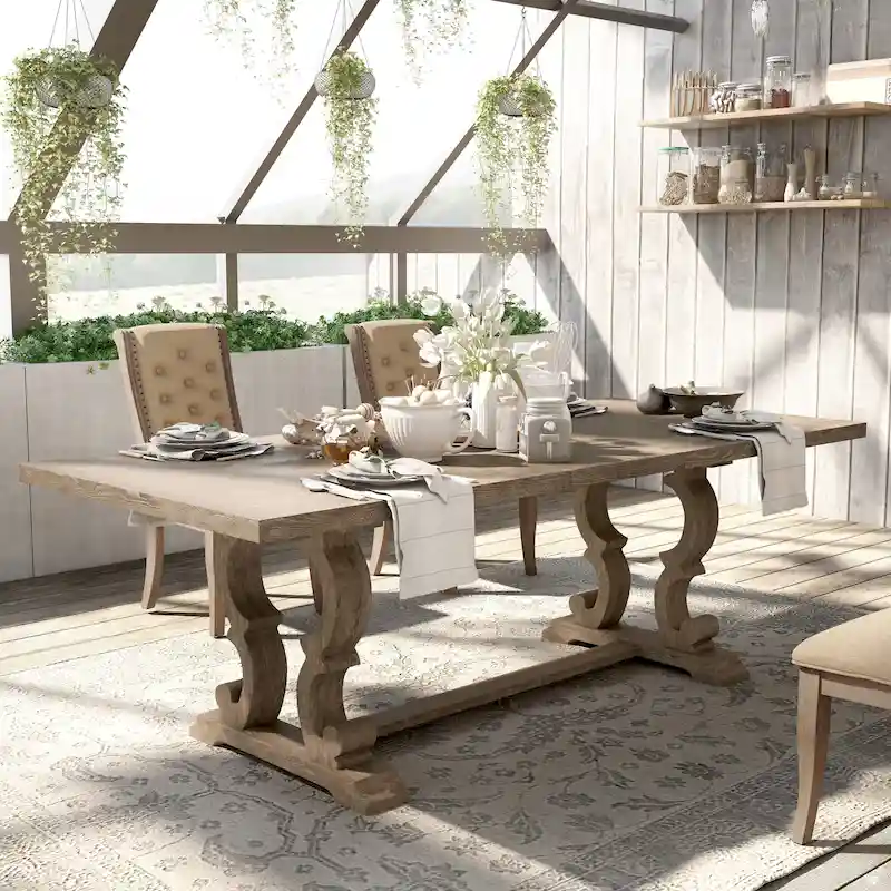 Rustic Natural Tone Expandable Wood Trestle Dining Table, 8-Person