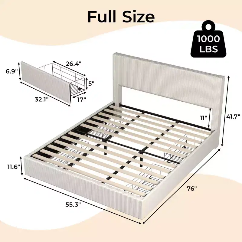 Whizmax Bed Frame with 4 Storage Drawers & Upholstered Wingback Headboard - Wood Slat Support, No Box Spring Needed, Beige