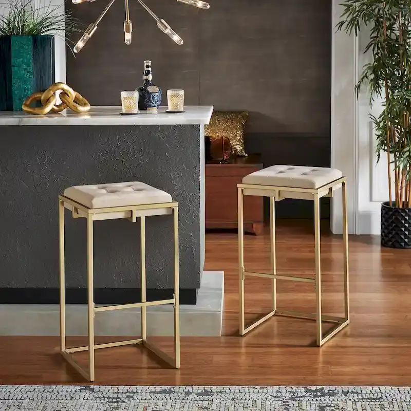 Backless Velvet Button-Tufted Bar Stool with Gold Metal Base & Footrest – Beige / Blue / Green, Counter / Bar Height