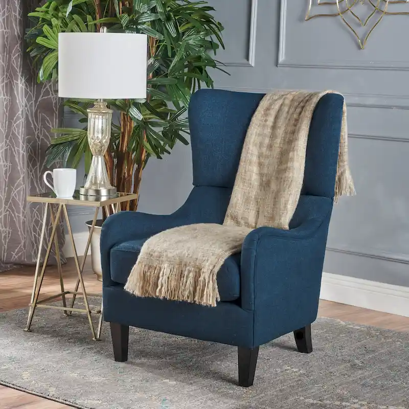 High-Back Wingback Accent Chair with Birch Legs, Single Seat (Navy Blue / Charcoal / Brown)