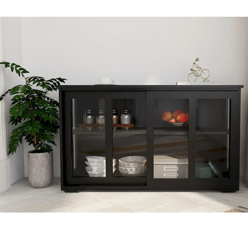 Black Sliding Glass Door Sideboard, Adjustable Shelf, Seats 1–2