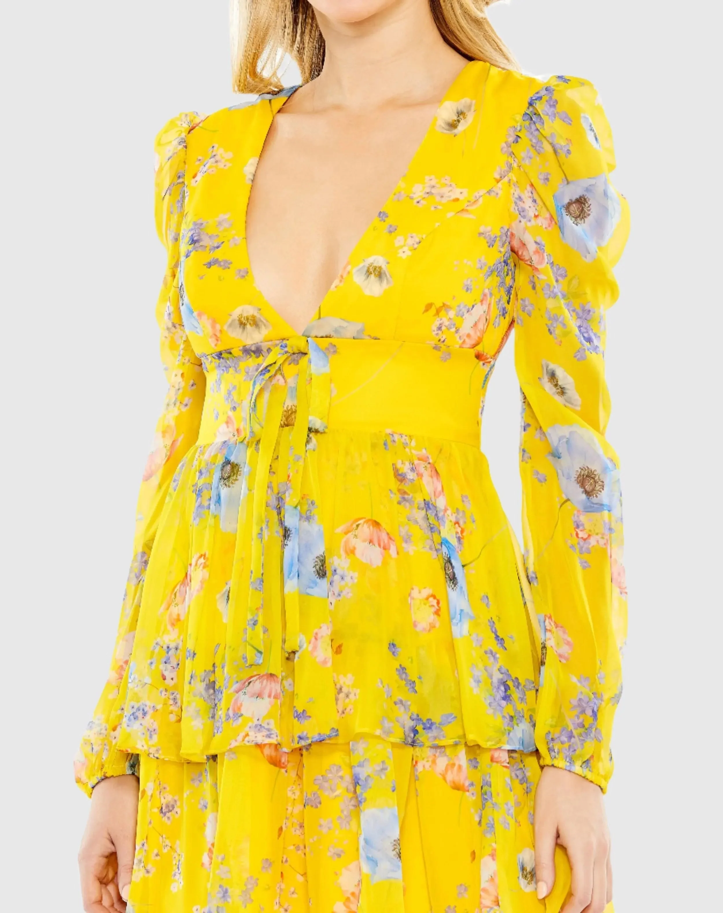 Yellow Floral Print Puff Sleeve Ruffled Mini Dress