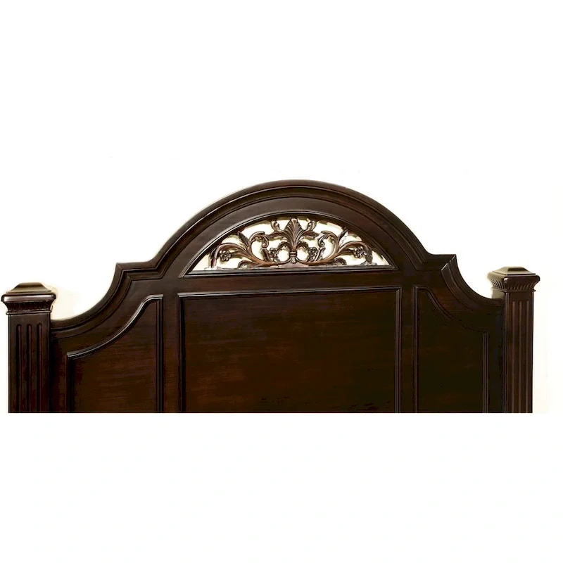 Dark Walnut Queen Four Poster Bed with Floral Carved Headboard & Fluted Posts – Traditional Style, Sleeps 1–2