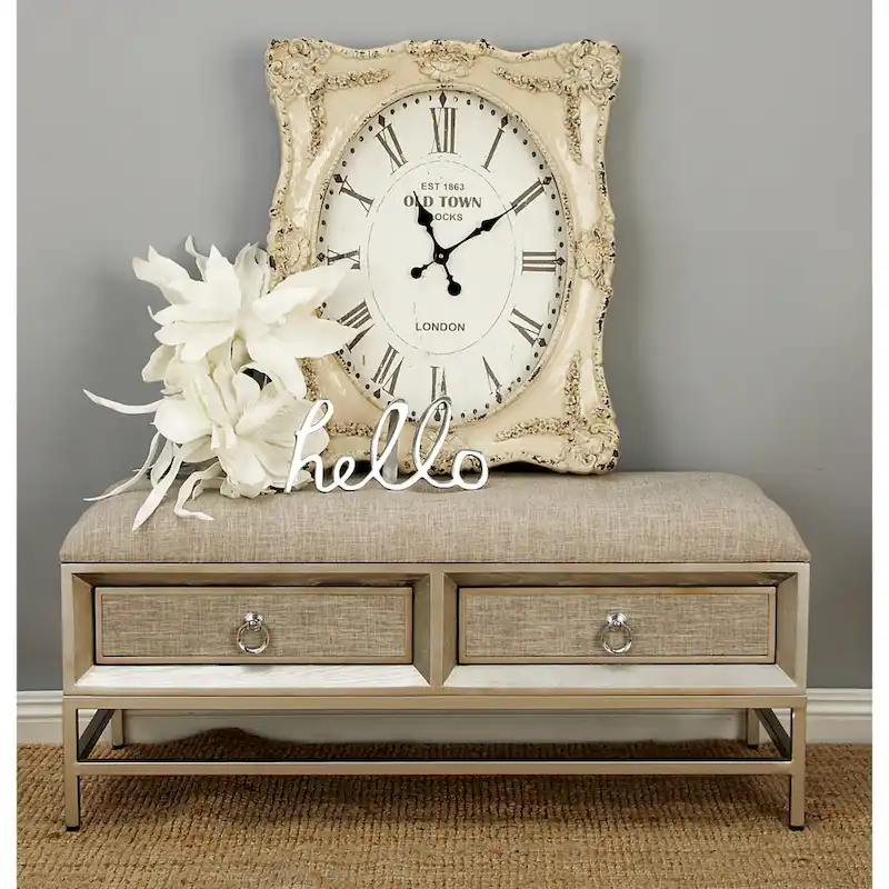 Linen-upholstered double-drawer storage bench with tufted seat and circular handles - beige
