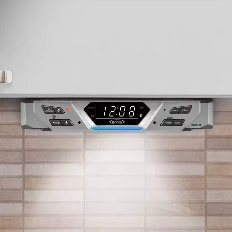 Jensen Under Cabinet Bluetooth Music System with Alexa Far-field and Tap to Talk - Silver: Mounted Speaker with Wi-Fi Streaming Capability