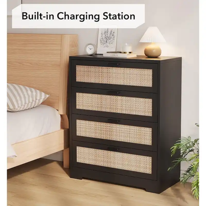 White / Natural / Black Rattan 4-Drawer Dresser, 1-Person