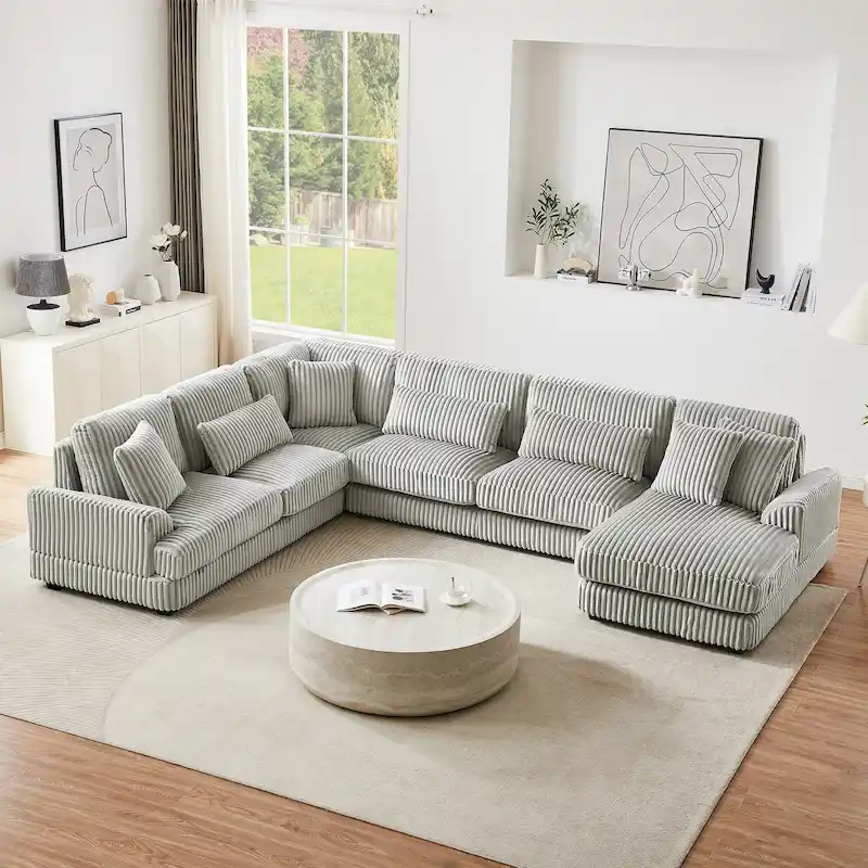 Corduroy Sectional Sofa U-shaped Sofa Couch, Upholstered Deep Seat Sofa with Cushions and Pillows for Living Room