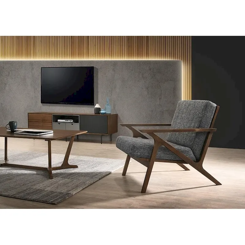 Grey Mid-Century Walnut Veneer Accent Chair with Square Arms & Foam Cushions - Single Use