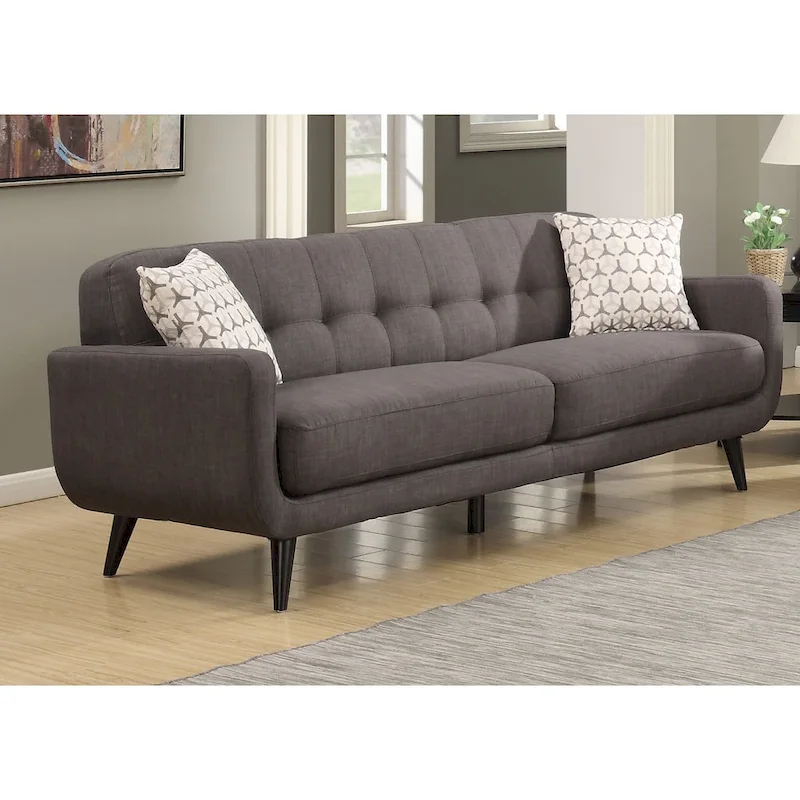 Charcoal Mid-Century Modern Sofa, Tufted Back, Seats 2-3
