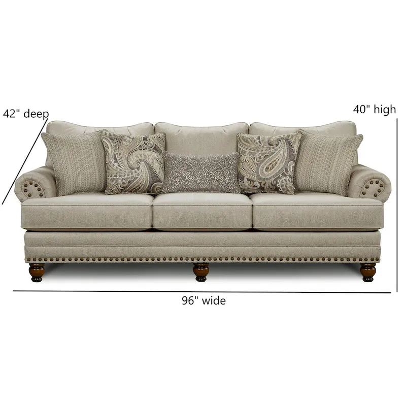 Beige Nailhead Traditional Sofa, Seats 3