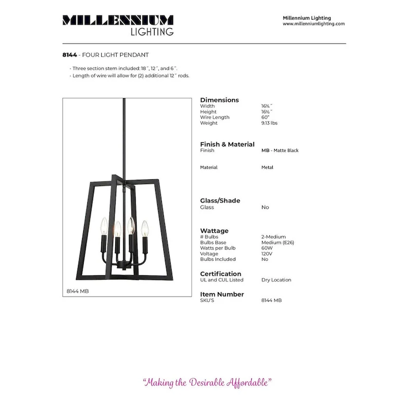 Millennium Lighting 4 Light Pendant in Matte Black