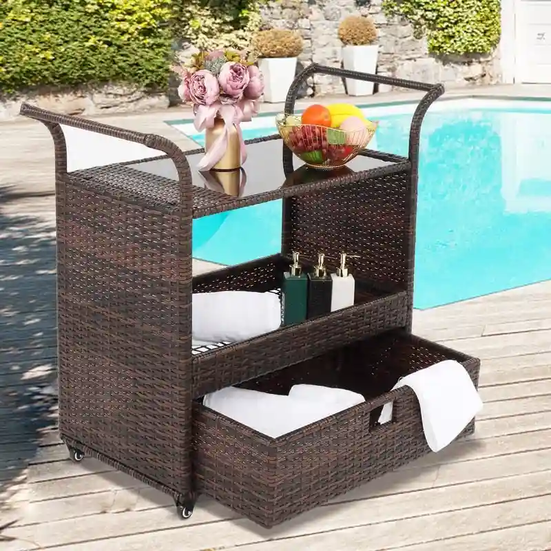 Outdoor/Indoor Wicker Bar Cart with Storage Cabinet