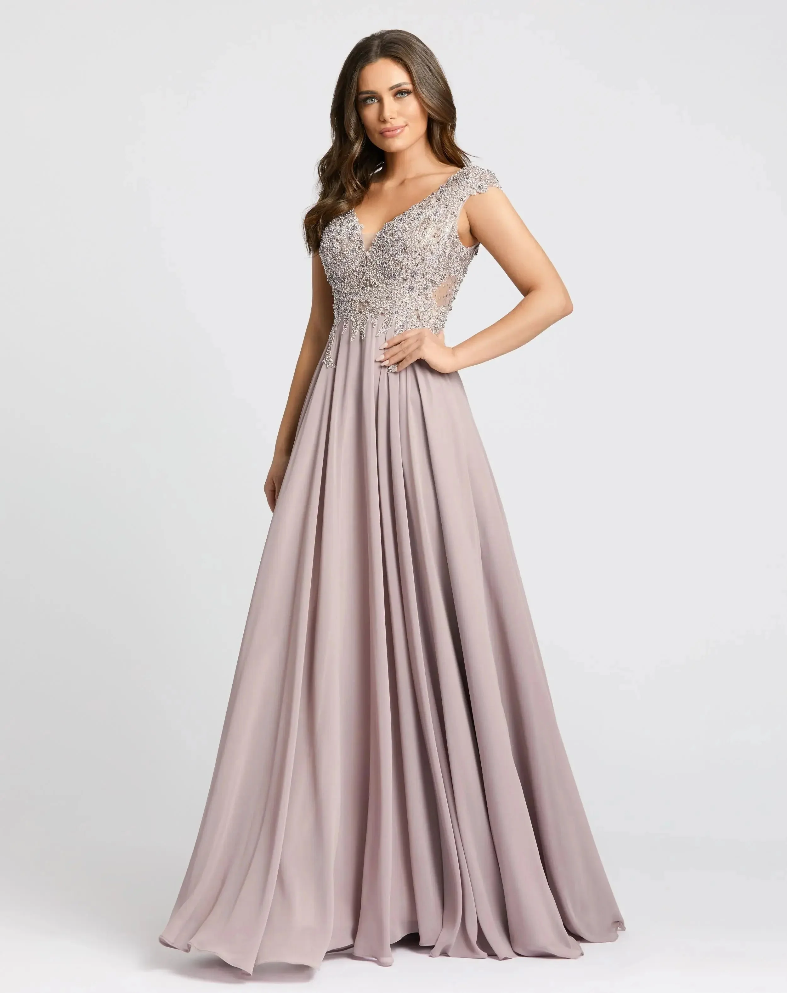 Applique Cap Sleeve Bodice Flowy Gown