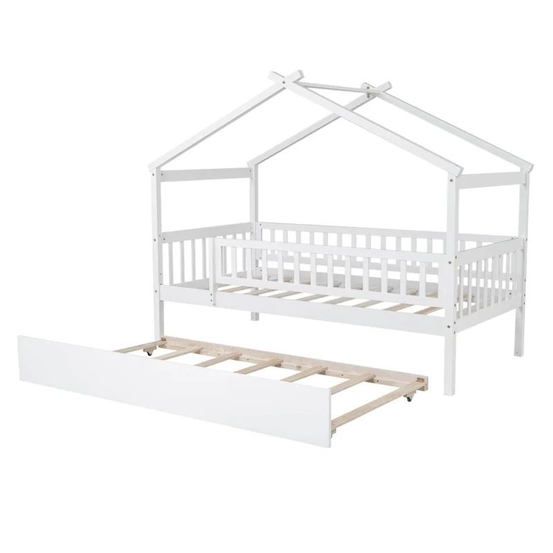 Twin Size Pine Wood House Bed with Twin Size Trundle, Full-Length Guardrail