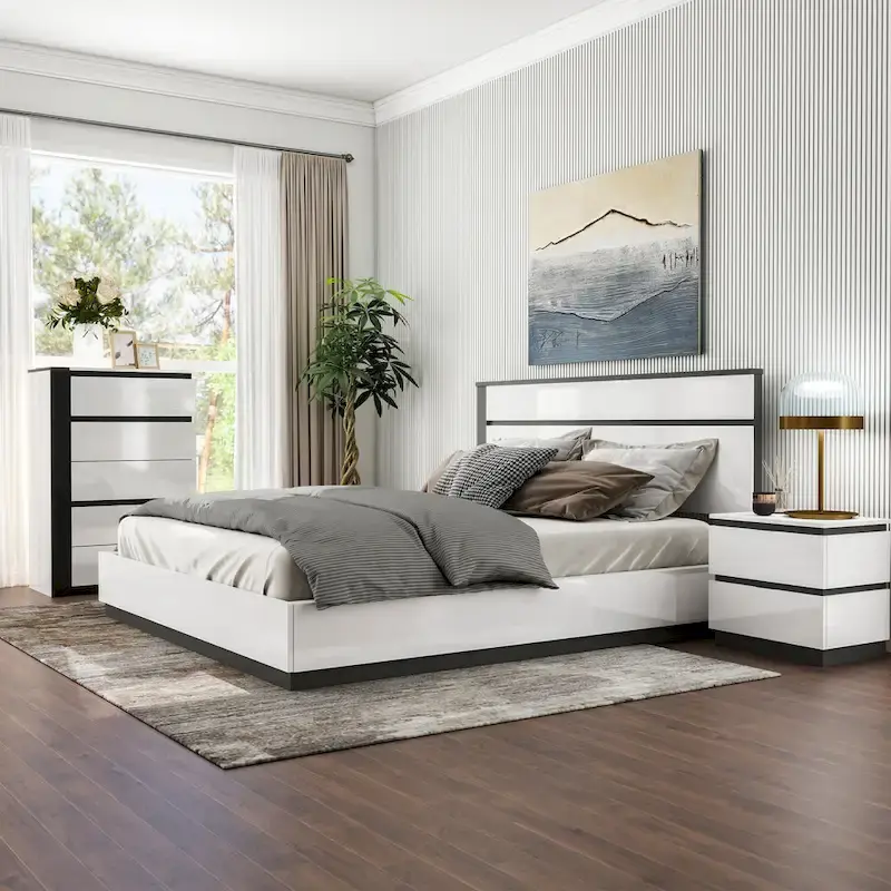 3-Piece White Wood Platform Bedroom Set - Modern Bed, Dresser & Nightstand