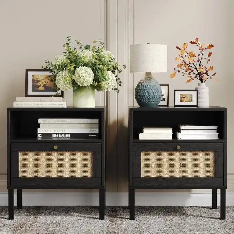 Natural Rattan Nightstand Set of 2, End Table,Boho Bedside Table with 1 Hand Made Door for Living Room, Bedroom