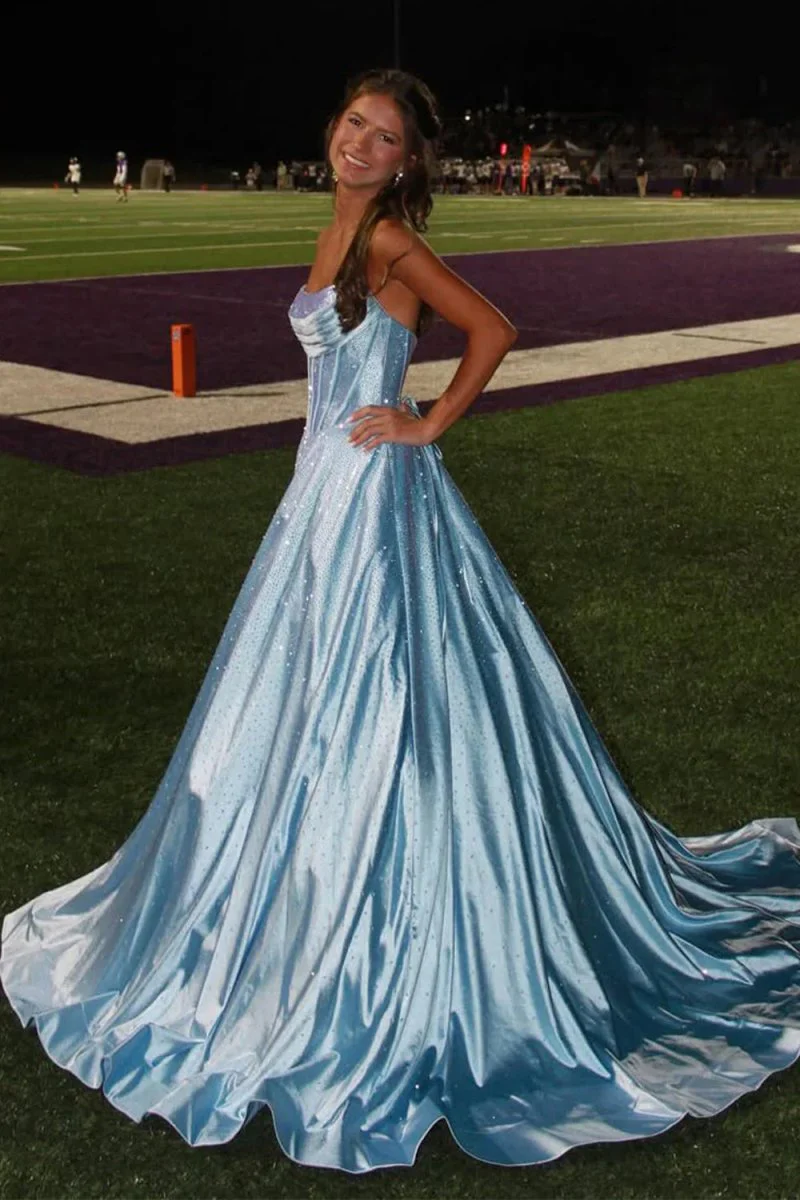 Sky Blue - Strapless A Line Satin Beaded Long Prom Dresses With Pockets