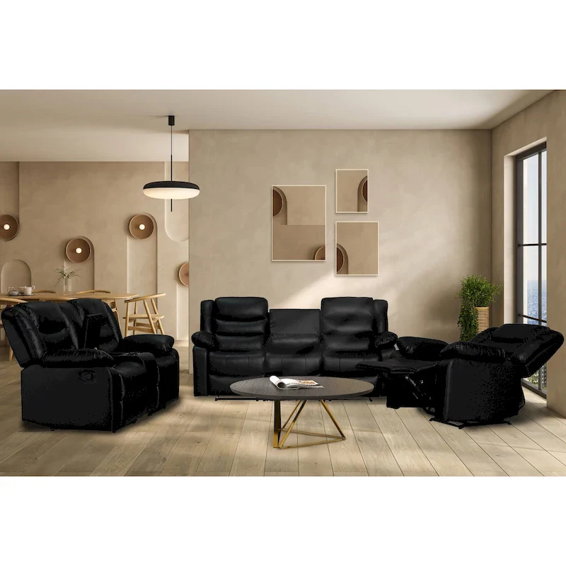 Faux Leather Manual Reclining Living Room Sofa with Dropdown Table and Console