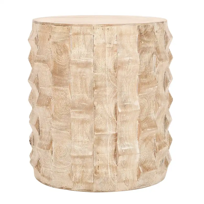 20 Inch Side End Table, Round Drum Shape with 3D Textured Design, Distressed White Finish