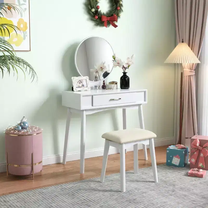 Maly Contemporary Wood Vanity and Stool Set, White