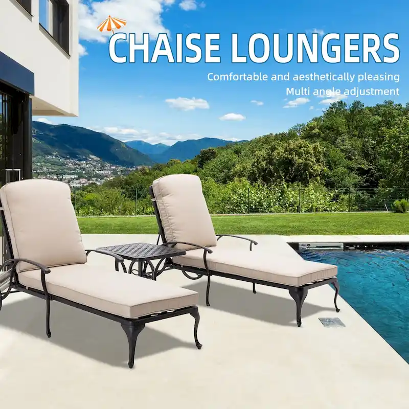 3-Piece Aluminum Reclining Outdoor Chaise Lounge with Cushions and Table