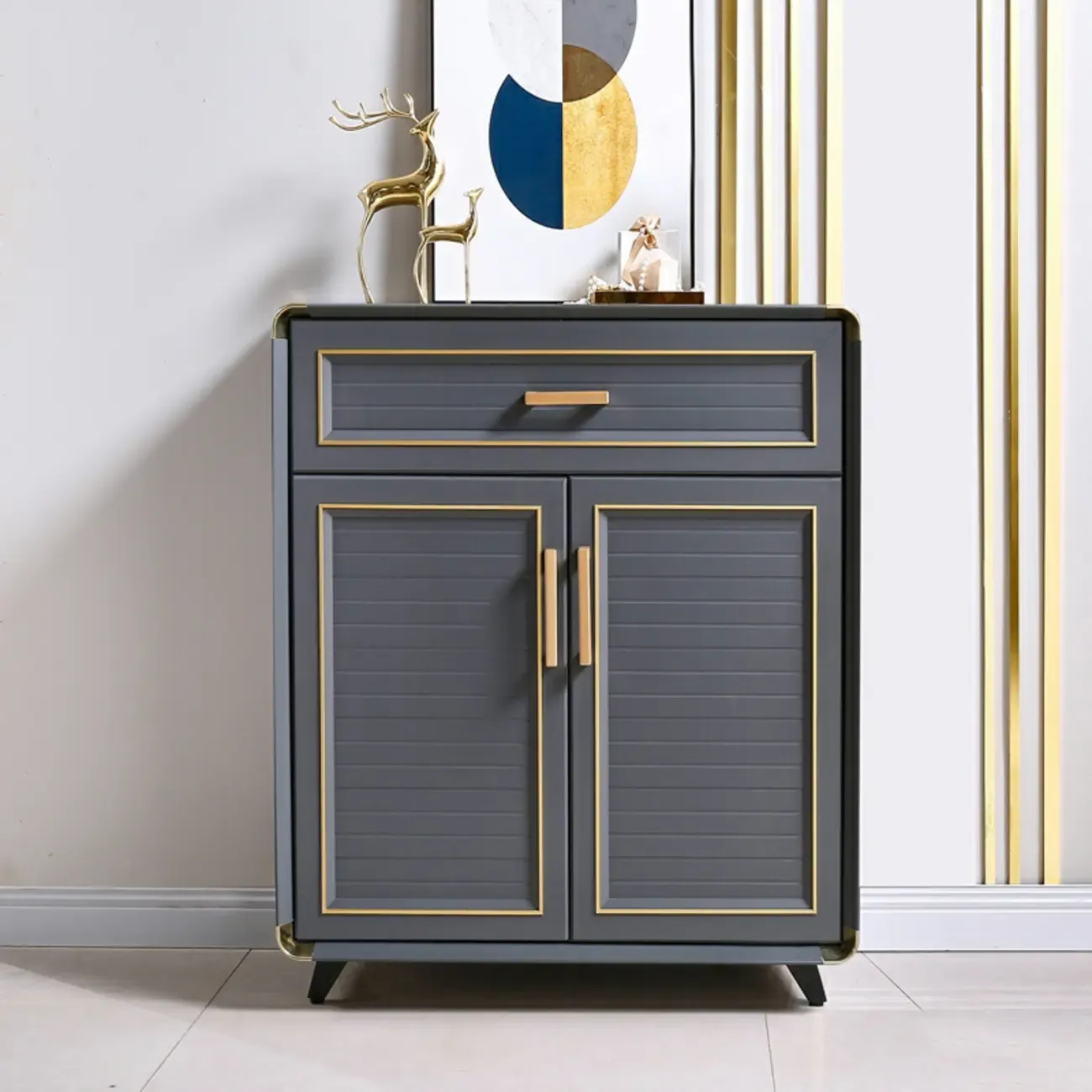 Luxury Grey Metal Entryway Shoe Cabinet with Gold Trim