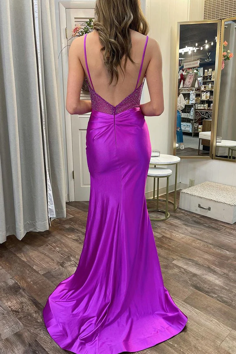 Purple Spaghetti Straps Satin Mermaid Long Prom Dresses with Slit