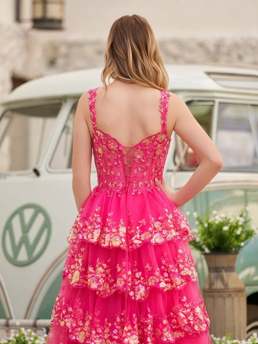 A-Line Lace Off-the-Shoulder Tiered Long Prom Dress with Slit