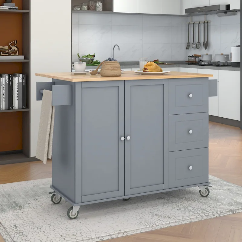 Kitchen Island Cart with Solid Wood Top and Locking Wheels