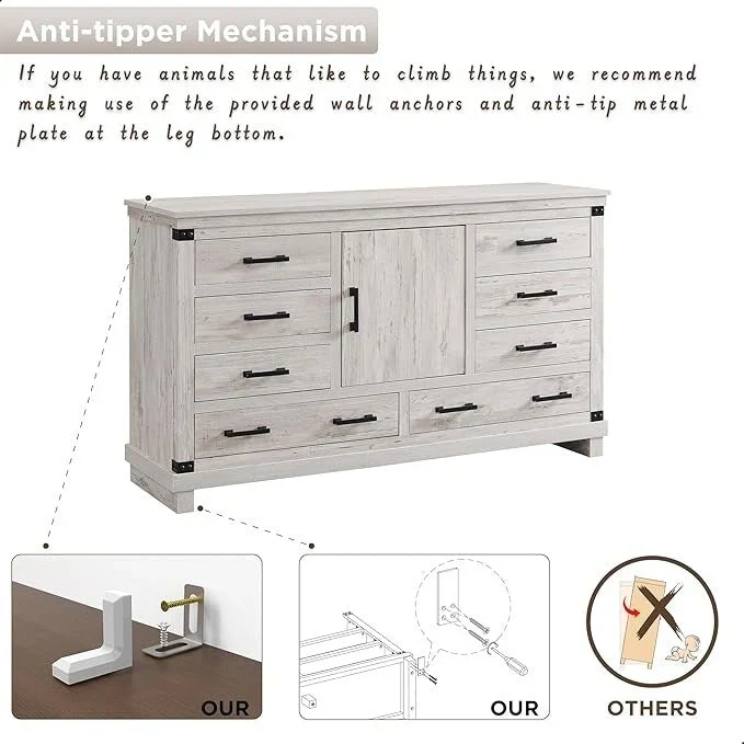 Farmhouse 8 Drawer Dresser, Wood Long Chest of Drawers, Closet Dresser